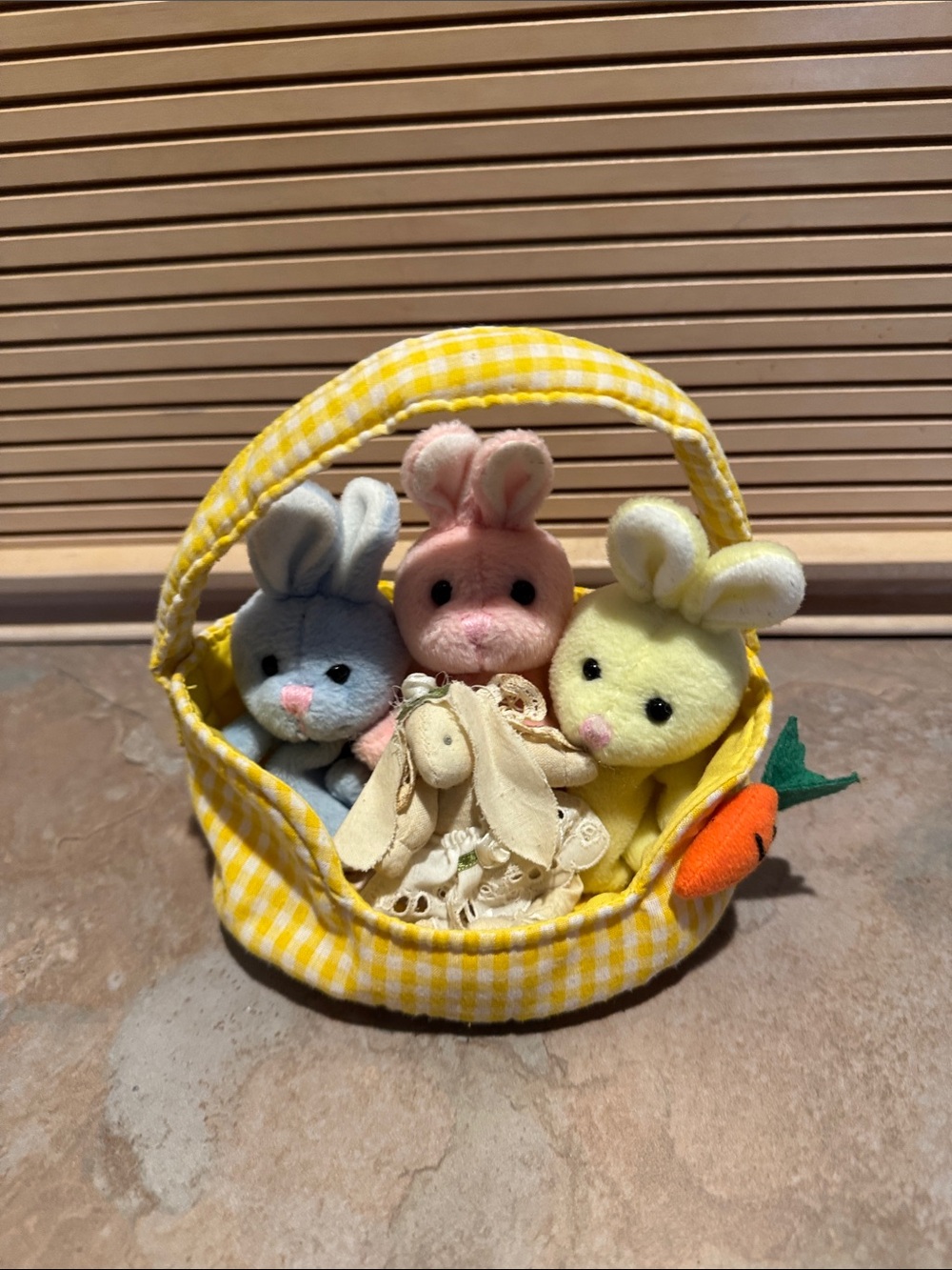Plush Easter Bunny Trio in Yellow Gingham Basket - Soft Plush Small Pets Decor